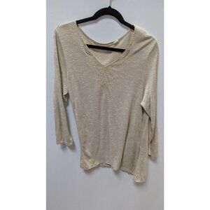 by Chico's Tan Embroidered Neckline Sheer Blouse